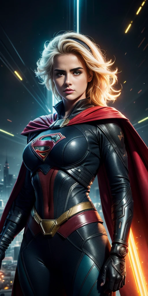 midshot, cel-shading style, centered image, ultra detailed illustration of Stefania Ferrario, (tetradic colors), Short blonde hair, full body, inkpunk, ink lines, light particles, strong outlines, art by MSchiffer, bold traces, parted lips, Supergirl, pele brilhante, ((Detalhes super realistas))、red cape, portlate、global ilumination、sombra、Octane Representation、8k、ultrasharp、Luz de borda de caractere, Seios grandes, big booty、Raw skin is exposed on the neckline、Apocalyptic city in the background, Detalhes de ornamentos complexos、Transparent acrylic parts cover、Detailed hydraulic cylinders、small LED lamp、Detalhes muito intrincados、Luz realista、olhos radiantes、in front of camera、Neon details, mais alta qualidade、obra prima、超A high resolution、(fotorrealista:1.4)、Foto RAW