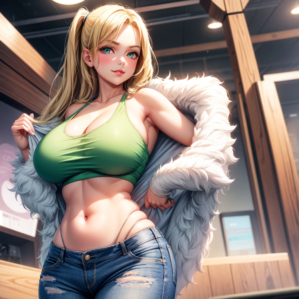 One girl, solo, Big round , clevage, curvy body, realistic, blonde hair, light green eyes, amazing big eyes, eye details, eyebrow details, white crop top, denim skirt, big lips, blush, confident, dominanm, smirk, hty, mischevious face, HD, good quality, crop top, curvy, standing up, lounge area