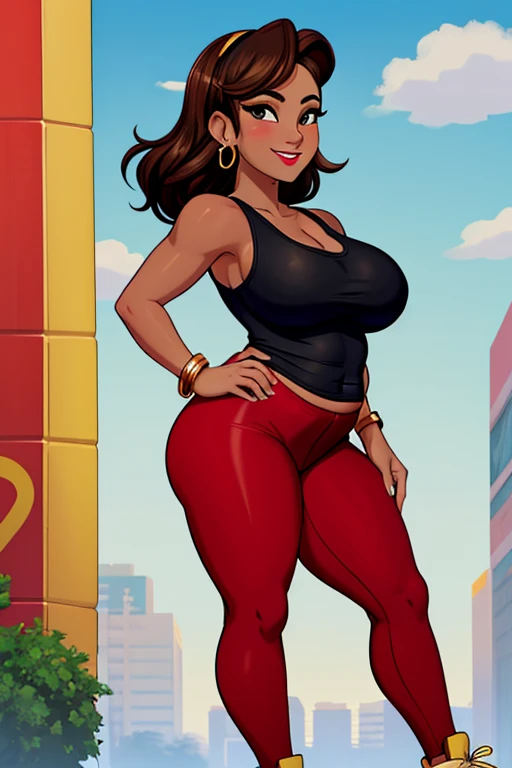 CARTOON, ANIME, CARTOON ARTSTYLE, (half-body-shot (front shot):1.3),(Detailed face:1.2), (Detailed eyes:1.2), 1girl, alone, Latina, 42-years-old, milf, mature female, (dark-skinned female:1.5), long brown hair, amber colored eyes, mascara, eyeshadow, red lipstick, (Wearing: red tank-top, black leggings, golden earrings, golden bracelets, sneakers:1.2), looking at viewer, smile, sultry, sultry face, Oversize, Overweight, thick lips, (plump figure and wide frame:1.2), medium breasts, sagging breasts, fat rolls, belly rolls, muffin top, big deep navel, tight out, love handles, wide hips, wide waist, wide load butt, thick thighs, hands on hips, in the streets of Tampa.