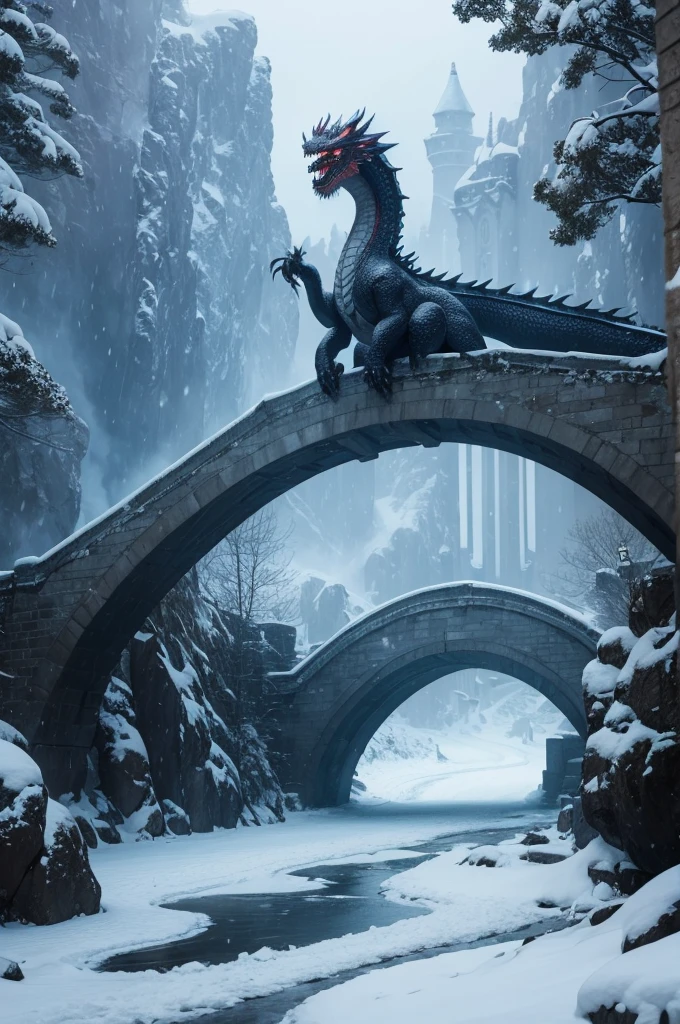 make a big bridge, this bridge has a dragon appearance, this bridge is in a cold and snowy place.