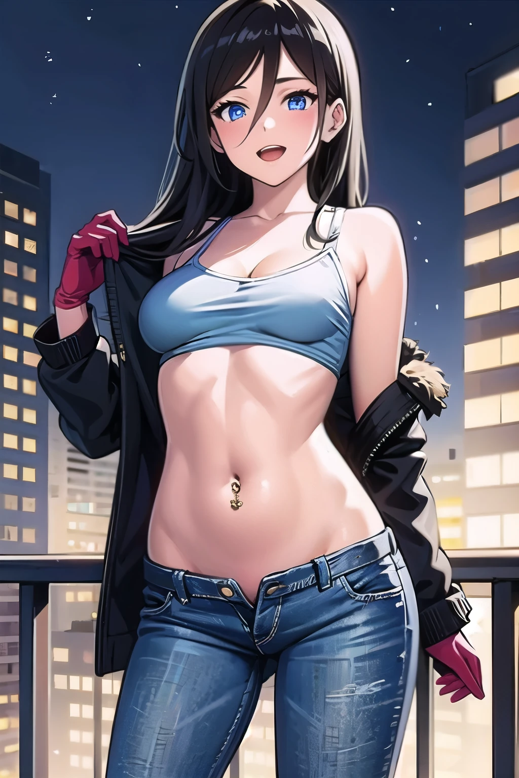 1girl, Asuka, black hair, long hair, medium breast, standing, hair between eyes, bangs, blue eyes, blush, lipstick, outdoors, rooftop, cityscape, building, railing, night, night sky, scenery, city lights, fur trim, mature female, gloves, fur-trimmed coat, jacket, masterpiece,high quality,4k, bare shoulder,belly,crop top,outdoor,cleavage,jeans,casual
dress,street,road,smile, open mouth, (nsfw) not safe for work, holding a gun,handgun, evil expression,
exposed belly, exposed navel, exposed midriff, exposed lower belly, crop top overhang, underboob,
unbuttoned jeans , low rise black jeans, Low rise jeans, Low rise jeans with open fly, navel piercing