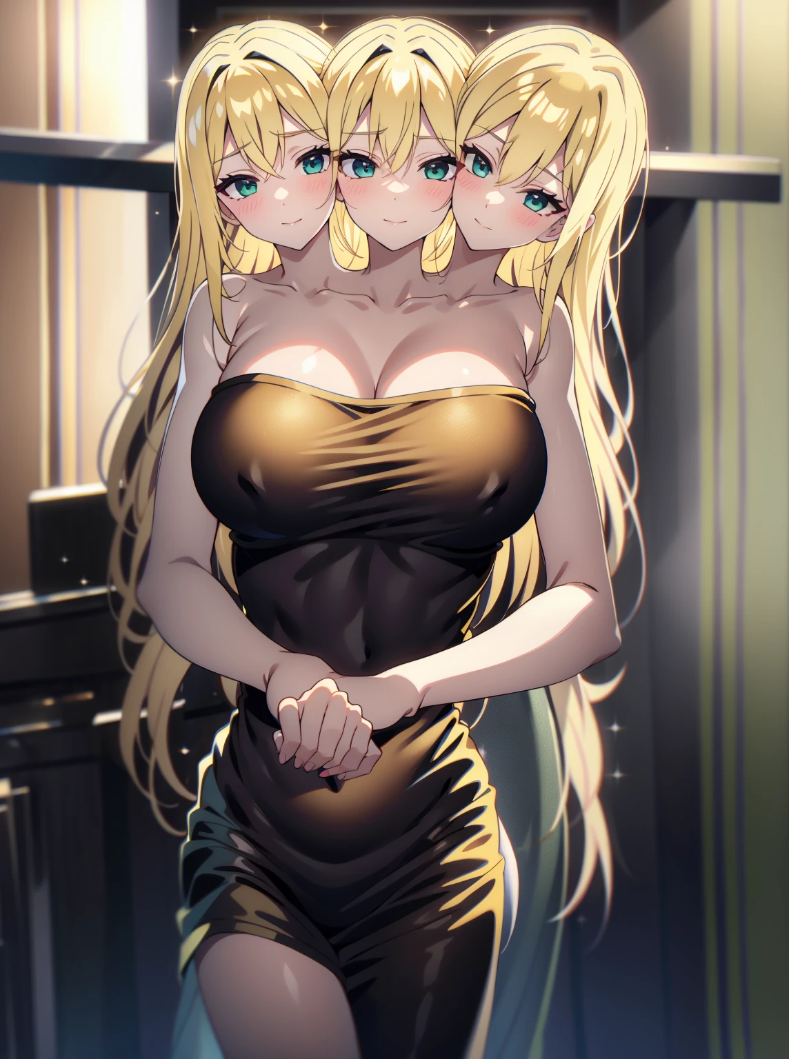 best quality, (masterpiece),(ultra-detailed), (high quality), (high resolution), ((3heads:1.5)), best quality:1.5, highres, UHD, 16K), smiling, highres, masterpiece, ((blonde hair:1.5)), (long hair), blushing, ((cinematic particles)), cowboy shot, ((top tank top)), green shorts, sharp looking eyes,, headband