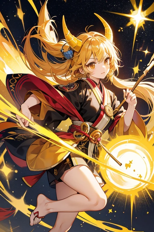 Tsunokotchi has a yellow body with short stick-like legs and a horn on top of her head. She has a beak, dark yellow cheeks, and dark round eyes. SPARKLE; GLITTER