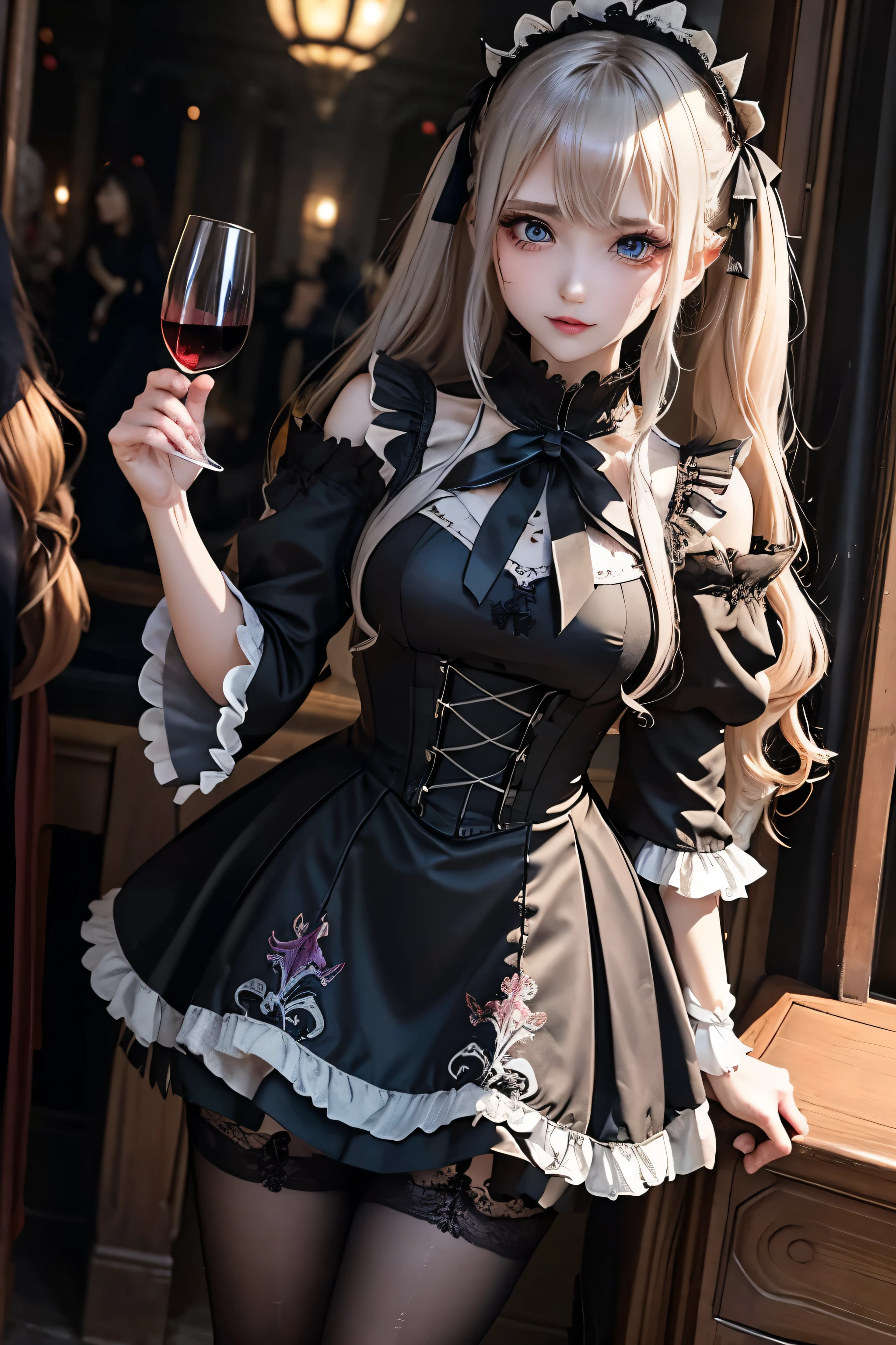 Hard Dark Gothic Makeup、Black dark eyeshadow、sad、Good skin radiance、Dark Gothicメイク、Dark smile、palace、The beauty of fragrance、24-years-old、Expression of intense sexual pleasure、Embarrassed look、Dark Gothic、Highest quality、Expression of sexual pleasure amid suffering、Drunk face、紫のMaid clotheysterious、Noble、The face of someone holding it in the toilet、sexy、Loving smile、Twin tail hair、Right blue eye, Left eye is red、Super tempting pose、Platform Heel Shoes、Heavy makeup、Gothic ta clothes、Silver Hair、Long Hair Straight Hair、Cute Gothic Loliress、Beautiful Face、elegant features、Attractive face、Stained glass is the background、Chest glistening with sweat、The room is dark、goth long dress、Bell Sleeves、Wizard Sleeve、Decadent look、Sexually excited expression、Glossy thighs wet with water、Thighs that are wet and shiny with oil、Background of a room full of roses、sad expression、Rose Maiden、The embroidery is pink、The dress has pink embroidery.、Thigh-high socks、Knee-high socks、Gentle expression、Dark black eyeshadow、Stained glass and rose background、thighs are a little thin、Female Duo、Female couple、dark church background、Stained glass、Black metal world、Dark Castle、Dark Room、Slender body、gothic long dress、Victorian dress、Her thighs are shining with sweat、My body is wet and shiny、Lots of glitter on the thighs、sweating、My thighs are sticky from sweating、Sweat glistening on my thighs, The whole body is sweaty and shiny、I sweated a lot.、My thighs are sweaty、My thighs are wet、My thighs are shining with sweat、A lot of sweat glistening all over the body、Small breasts、upright、Are standing、Hold the wine in your right hand、Hold the lantern in your left hand、pantyhose、Dynamic Angle、