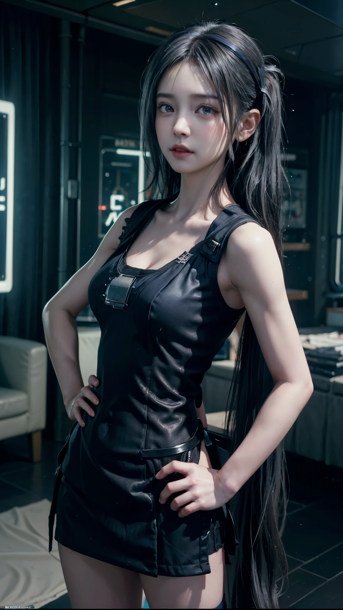 ((Transcendent Cute Beautiful Girl)), (Beautiful breasts, Cleavage), (Small beautiful butt), Thin thighs, (Tight waist), (Baby Face:1.5), (Small and slender figure), (Slender body line), (Perfect Anatomy:1.2), ((Cyberpunk Room:1.2)), (((Sexy Chinese Dress, Full slit))), (Highest quality, 8K, masterpiece:1.2), (Sexy expression:1.3, blush:1.2), Smooth body, Ultra-detailed, Beautiful details, ((Short pigtails)), (Detailed eyes and face:1.2), (Detailed hands), (Hands on hips)