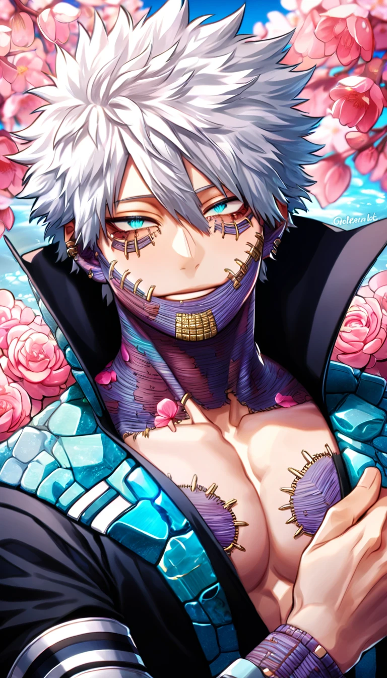 absurdres, highres, ultra detailed, HDR, master piece, best quality, Dabi, white hair, expressive turquoise eyes, boku no hero academia, solo, sexy man, handsome, white and black clothes with high collar, magical, fantasy, shining, pink flowers, pink blossoms, pink butterflies, pink petals, water