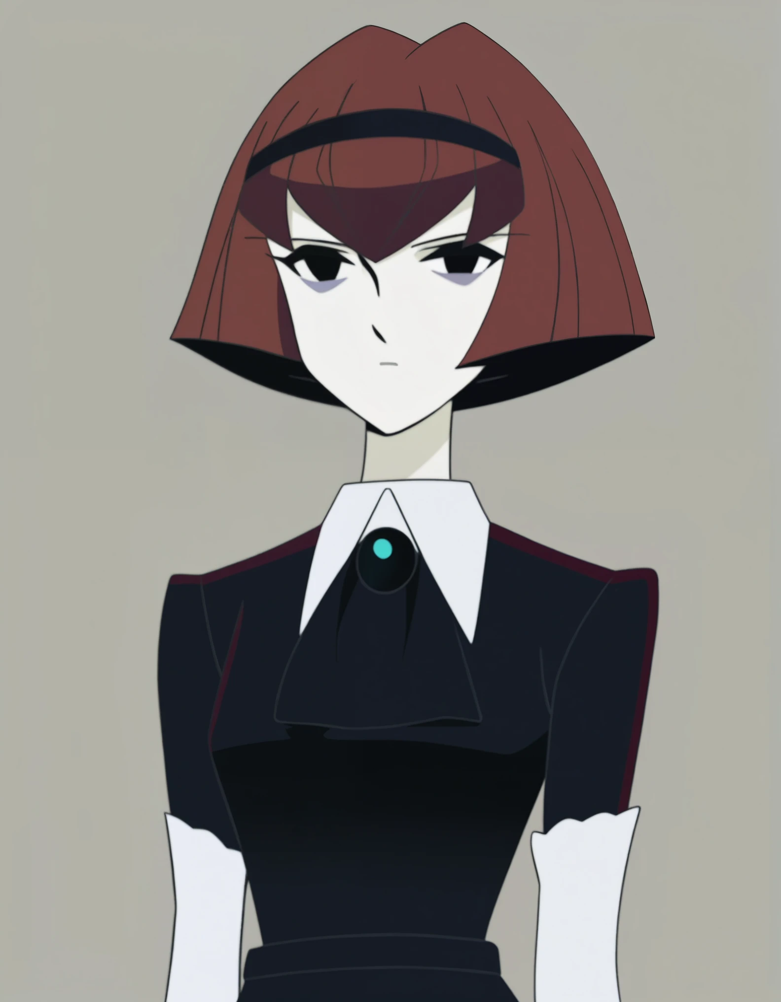 source_anime, score_9, score_8_up, score_7_up, anime screencap, 8k, absurd res, 1girl, solo, r. dorothy wayneright, dorothy_(the_big_o), short hair, black dress, red hair, black eyes, green brooch, pale skin, simple background, 1990s \(style\),