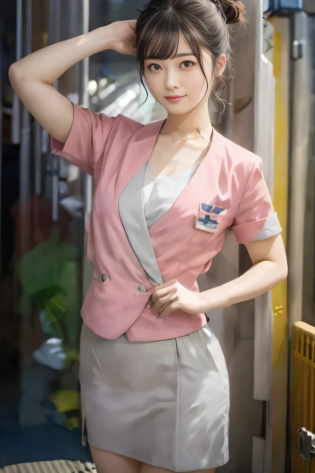 (masterpiece:1.2, Highest quality:1.2), 32K HDR, High resolution, (alone、1 girl)、 (Height: 160cm)、（On the rooftop of a building in the daytime、Professional Lighting）、Building rooftop background、（Nankai train crew uniform pinkを着たリアルスタイル）、（Nankai train crew uniform pink short sleeve collarless pink jacket、Nankai Train Crew Uniform Pink Collarless Short Sleeve Blouse、Nankai Train Crew Uniform Pink Grey Knee-length Culottes）、Dark brown hair、（Hair tied up、Hair tied up、Evening curly hairstyle）、Dark brown hair、Long Shot、Big Breasts、Thin legs、（（Great hands：2.0）），（（Harmonious body proportions：1.5）），（（Normal limbs：2.0）），（（Normal finger：2.0）），（（Delicate eyes：2.0）），（（Normal eyes：2.0））)、smile、（Nankai Train Crew Uniform Pink Grey Knee-length Culottesを見せた美しい歩く姿）、Place your hands around your stomach、Lanyard employee ID card
