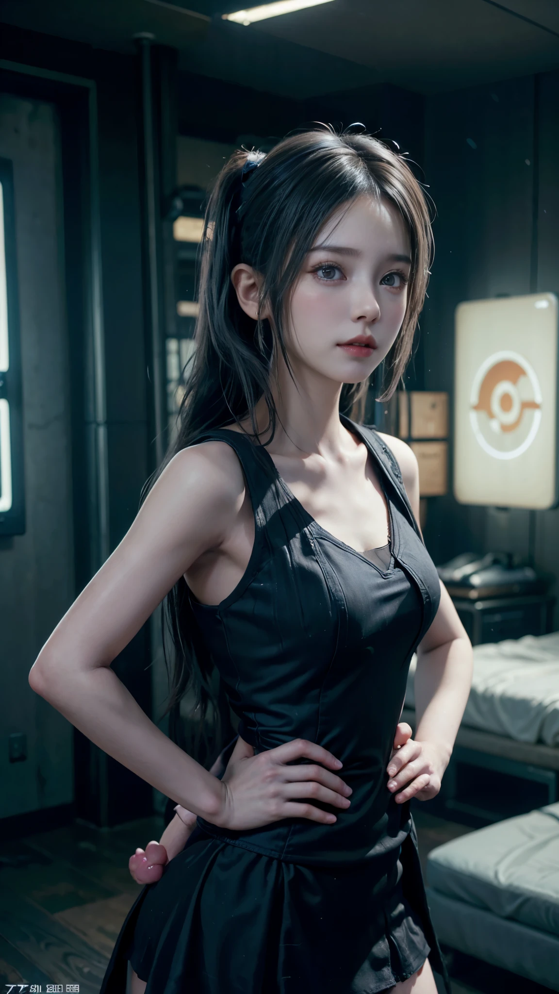 ((Transcendent Cute Beautiful Girl)), (Beautiful breasts, Cleavage), (Small beautiful butt), Thin thighs, (Tight waist), (Baby Face:1.5), (Small and slender figure), (Slender body line), (Perfect Anatomy:1.2), ((Cyberpunk Room:1.2)), (((Sexy Chinese Dress, Full slit))), (Highest quality, 8K, masterpiece:1.2), (Sexy expression:1.3, blush:1.2), Smooth body, Ultra-detailed, Beautiful details, ((Short pigtails)), (Detailed eyes and face:1.2), (Detailed hands), (Hands on hips)