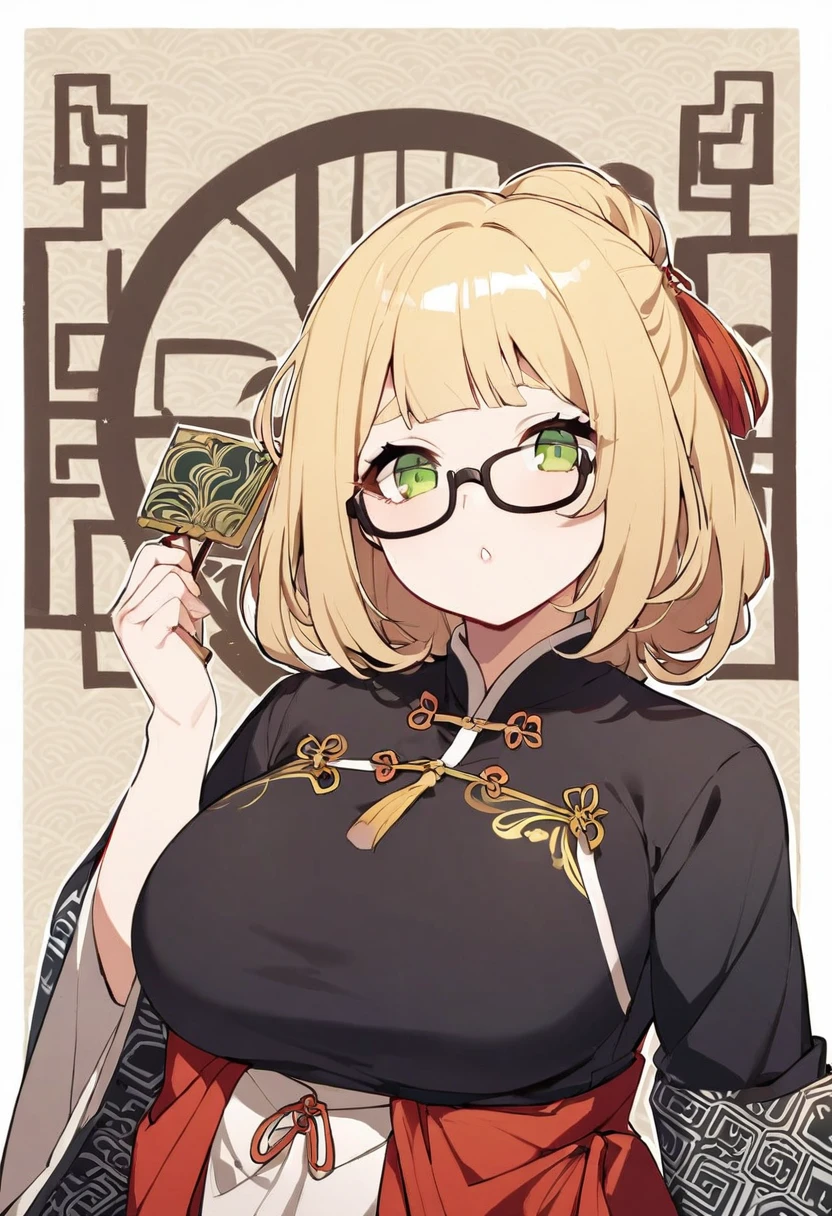 chubby girl, Blonde with green eyes, medium length hair, black glasses with square frames Chinese clothing style, Ancient China