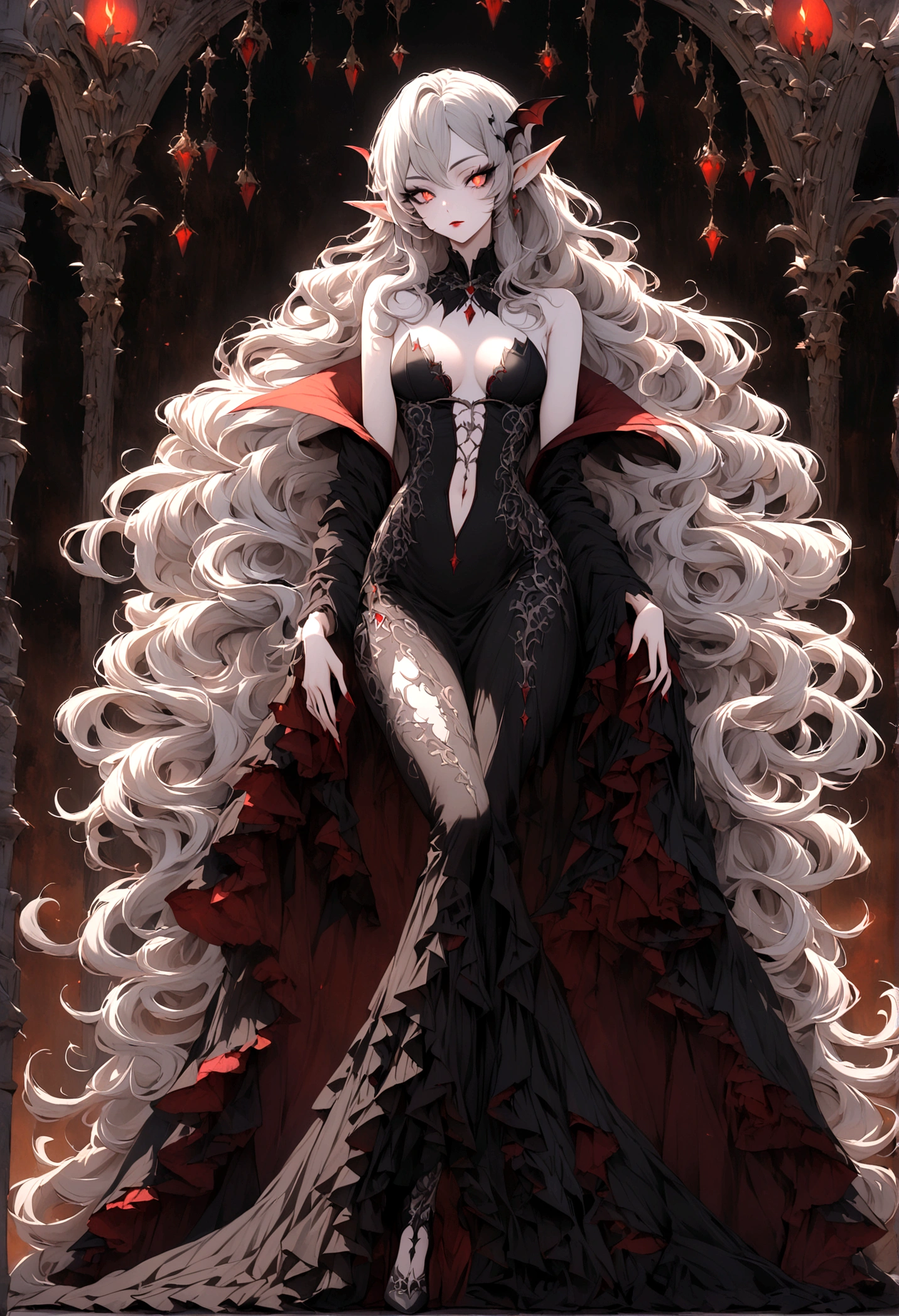 Create an image of the most stunningly gorgeous beautiful perfect sexy vampire elf, beautiful perfect face, long luscious eyelashes, black eyeliner, perfect makeup, lipstick, vibrant detailed vampire slit pupils, long luscious black hair, platinum blond highlights, seductive gothic intricate black dress, full body view,