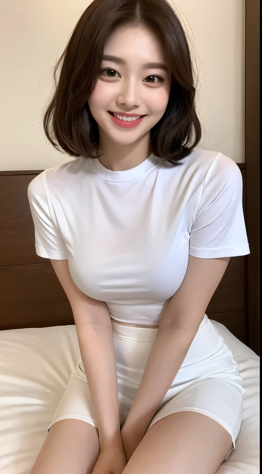White tight shirt、White tight mini skirt、bed、smile、Short sleeve、high resolution、Korean idol face、double eyelid、White teeth、Medium Hair