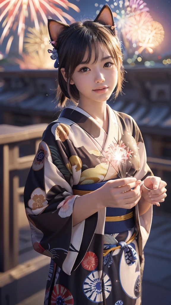 Masterpiece, 4k, Bokeh, beautiful face, (Japanese idle:1.6),
(wearing detailed yukata:1.5), (posing), (young hands:1.2),
BREAK,
(Beautiful fireworks in the night sky background:1.3), (Cat ears:1.3),