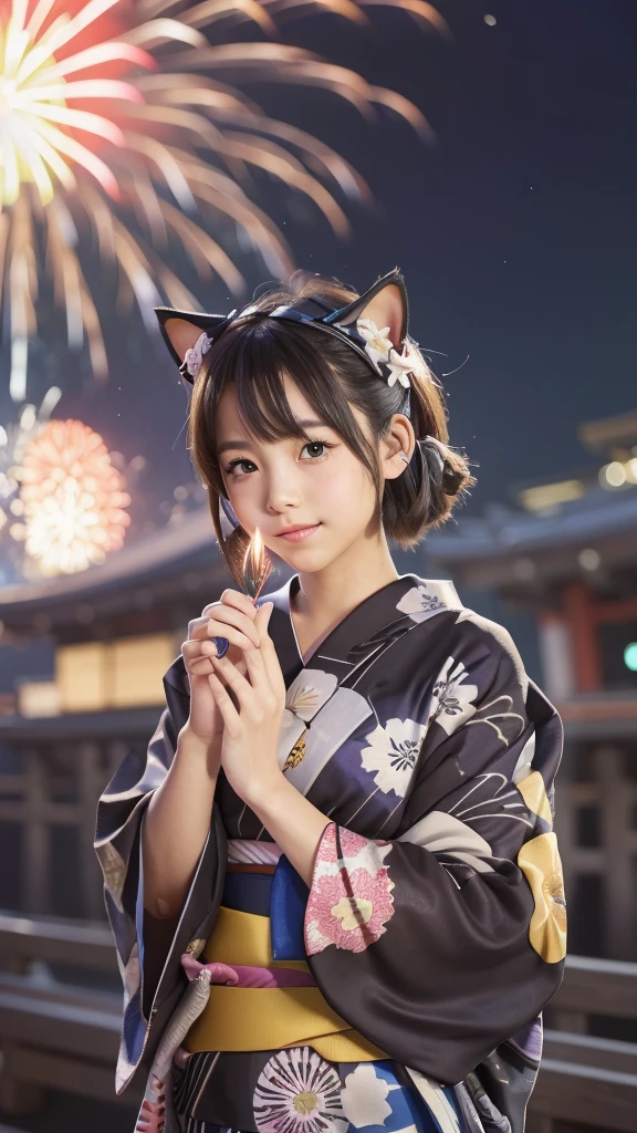 Masterpiece, 4k, Bokeh, beautiful face, (Japanese idle:1.6),
(wearing detailed yukata:1.5), (posing), (young hands:1.2),
BREAK,
(Beautiful fireworks in the night sky background:1.3), (Cat ears:1.3),