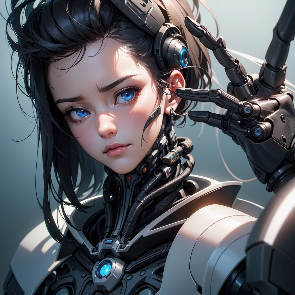 complex 3d render ultra detailed of a beautiful porcelain profile woman android face, cyborg, robotic parts, 150 mm, beautiful studio soft light, rim light, vibrant details, luxurious cyberpunk, lace, hyperrealistic, anatomical, facial muscles, cable electric wires, microchip, elegant, beautiful background, octane render, H. R. Giger style, 8k, best quality, masterpiece, illustration, an extremely delicate and beautiful, extremely detailed ,CG ,unity ,wallpaper, (realistic, photo-realistic:1.37),Amazing, finely detail, masterpiece,best quality,official art, extremely detailed CG unity 8k wallpaper, absurdres, incredibly absurdres, robot, black helmet, full body, black short hair, blue eyes, angry face