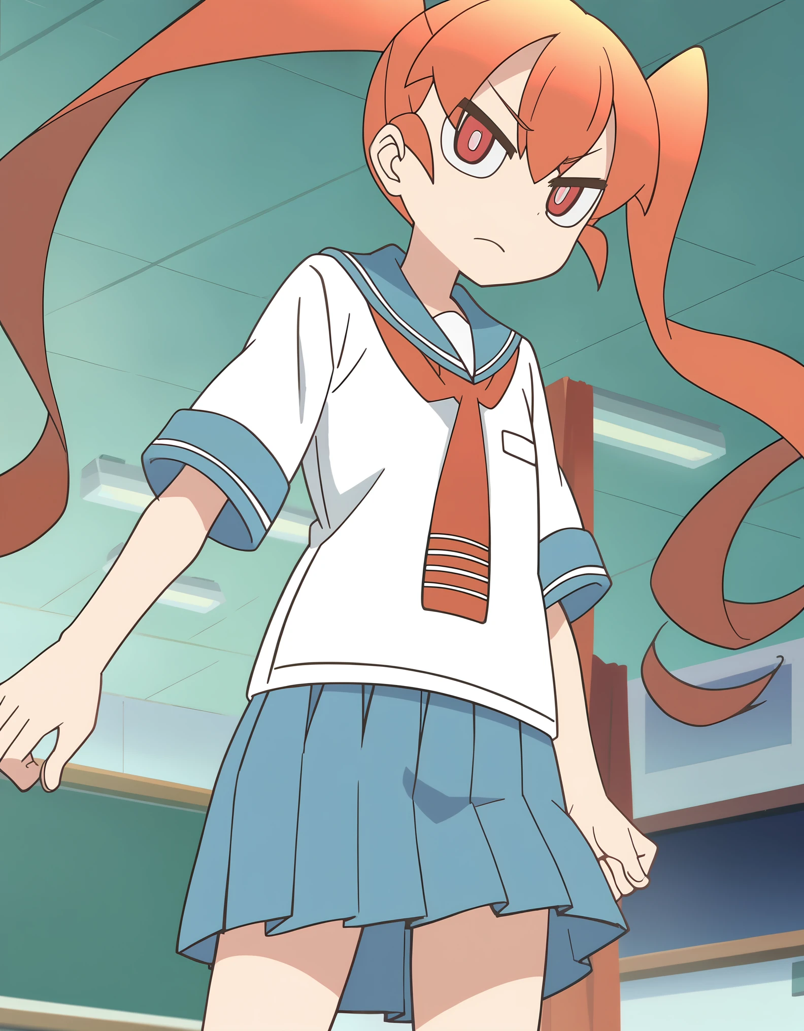 anime screencap, anime coloring, score_9, score_8_up, score_7_up, source_anime, masterpiece, 1girl, ctianuen0, petite_, serafuku, blue skirt, pleated skirt, blue sailor collar, looking at viewer, cowboy shot,