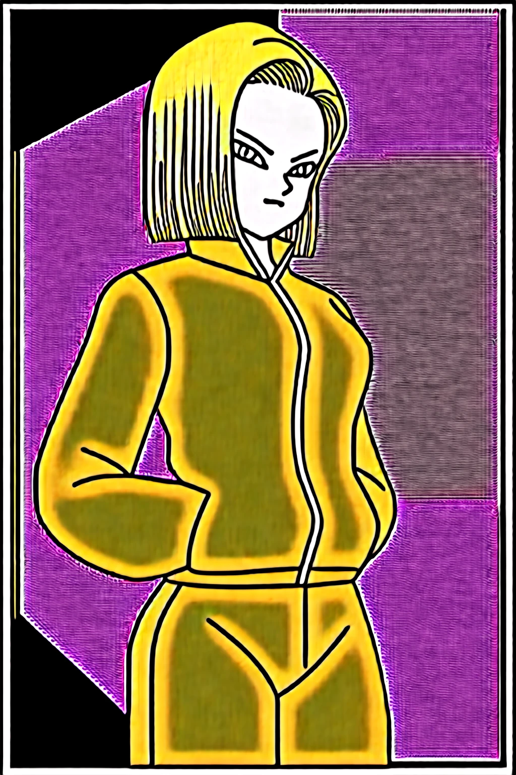 source_anime, score_9, score_8_up, score_7_up, anime screencap,
detailed face, android 18, supertop, 1girl, solo, looking at viewer, short hair, blue eyes, blonde hair, collarbone, hoop earrings, city, street, collar up, track jacket, pink jacket, track suit, track pants, pink pants, standing, hands in pockets, from below, big breasts, huge breasts, sexy hips, big ass, thick legs, sexy body.