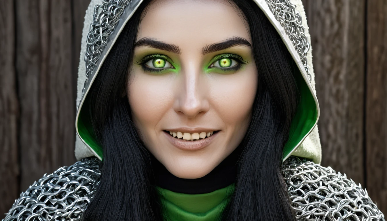 8k, hdr, hyper-realistic cleric wearing chainmail made of aged wood and bone. Her long black hair comes out of her hood, and she has bright green eyes and WHITE teeth.