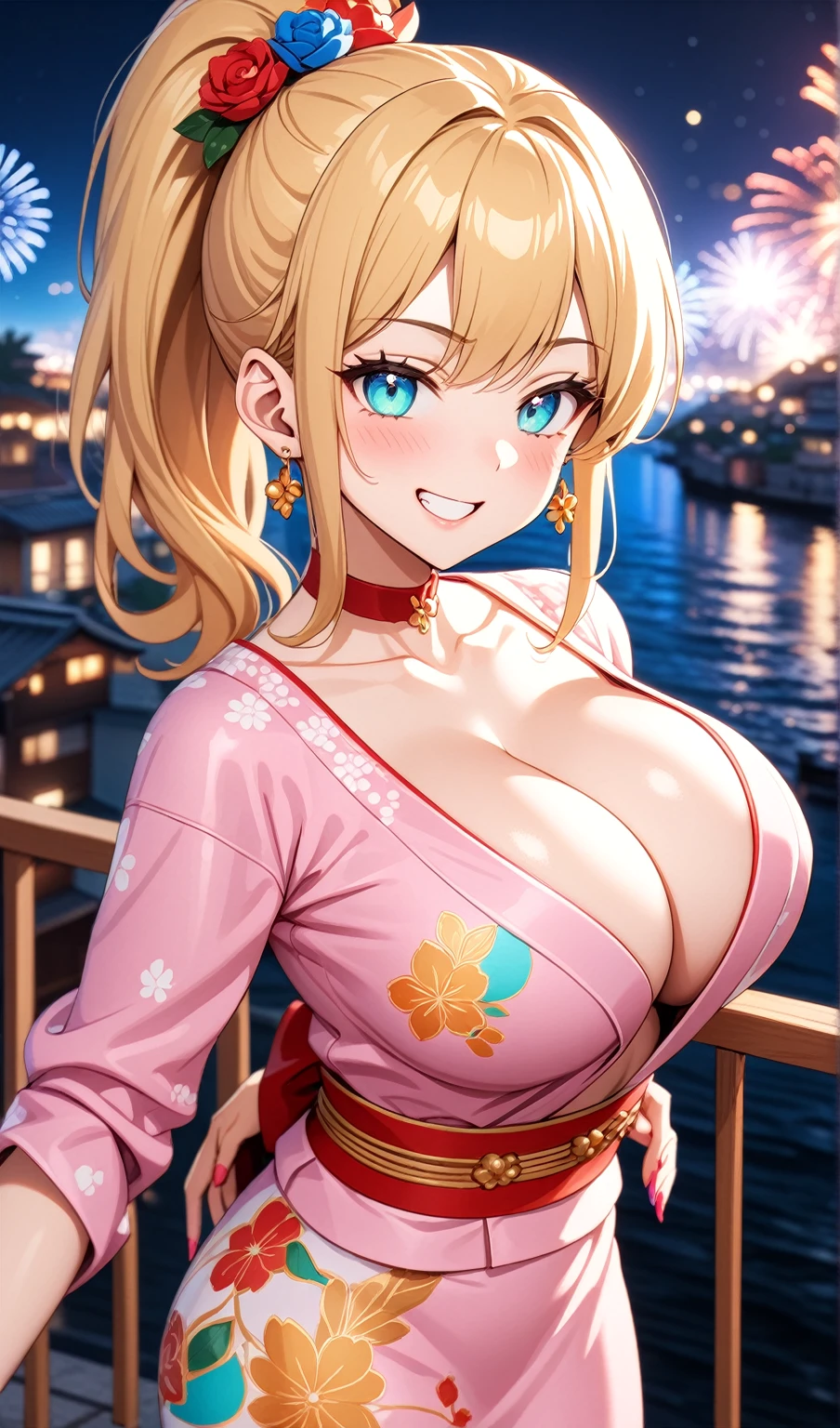 ((One personの女性)), Beautiful Face, Laughing embarrassedly,((Wink:2.0)),Laugh with your mouth wide open,((Red cheeks:1.4)),Glossy pink lips,night,rooftop,Festive decorations,You can see the ocean, firework,((Anime style background)),masterpiece, Highest quality, so beautiful, Latest, Complex details, (Pink long nails),(ring),(flower bracelet),Floral choker,AI-generated, Complex,High resolution, Highest quality, super high quality,3D Images、View your viewers、3D Images,One person,Long blonde hair,High Ponytail,Turquoise Eyes,Anime woman posing for a photo, (Fine grain,Colorful eyes,Shining Eyes:1.3),(Squint your eyes:1.1),a hyperRealistic , hyperRealistic , Realistic,Blonde anime woman with long hair, Smooth anime CG art, A woman in a colorful kimono with gold embroidery, (Pink long sleeve kimono),Red floral pattern,Long flower hair ornament,Large floral earrings,(ring),(Big Breasts:1.2),Mature Body,Tall,Big Ass,Narrow waist,Abdominal muscles,(Zoom in on face:1.5),Shooting from an angle