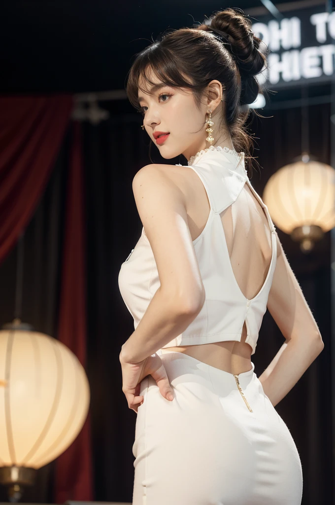 1girl,bangs,bare arms,collar,maxi white lace cheongsam,detailed background,detailed eyes,brown hair,earrings,upper body,jewelry,slim,bare back,ponytail,looking at viewer,makeup,night scene,red lips,signature,laughing,solo,standing,On the T-stage,catwalk,fashion show,Surrounded by crowded crowds on both sides of the stage,neon lights,from back,butt crack,towering hips