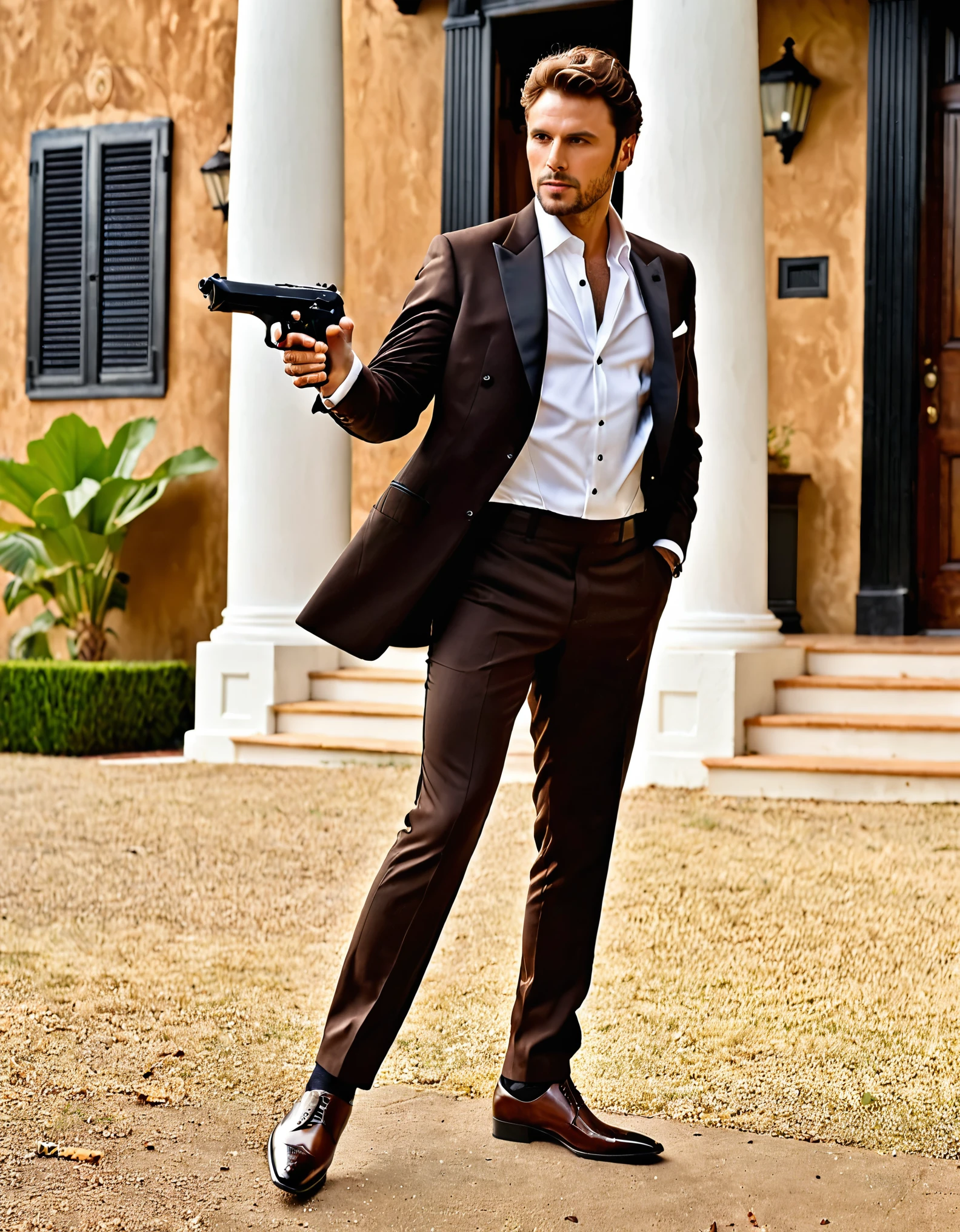 (masterpiece), (best quality), (hires), 1man, male focus, solo, solo focus, hispanic, perfect hands, (holding pistol with one hand, Beretta 92FS), hand in pocket, brown hair, hazel eyes, tuxedo, black tuxedo, danger atmosphere, mansion backdrop, combed-back hair, white shirt, black pants, dress shoes, matching shoes. outdoors, looking away.