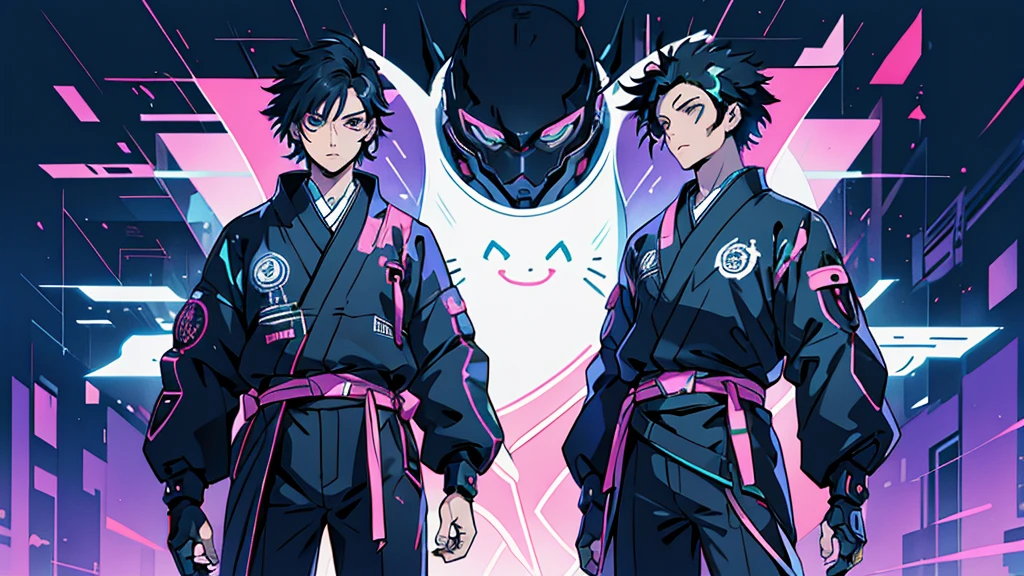 Cat ghost Black Hair male Anime Style Highest quality Japanese cyber punk Delicate quality Beautiful illustrations High quality down to the last detail