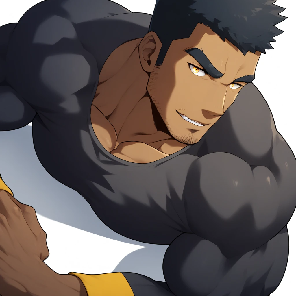 ?????, ?????, ?????, anime characters:Gyee, Muscle Sports Student, ????? black skin, Very Black,1 muscular tough guy, Manliness, male focus, Dark grey and Yellow long sleeve tights, Very tight, The pectoral muscles are oversized, Slightly transparent, muscular male, muscular, only, Upper body, alone, Black short hair, Thick eyebrows, stubble, Yellow eyes, White background, simple background, amazing quality, best aesthetics, Ridiculous, bright pupils, crew cut, parted lips, seductive smile, torogao, naughty face, drop shadow, best quality