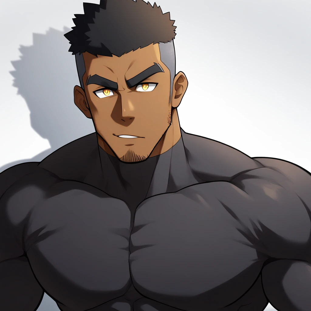 negro, negro, negro, anime characters：Gyee, Muscle Sports Student, negro black skin, Very Black,1 muscular tough guy, Manliness, male focus, Dark grey and Yellow long sleeve tights, Very tight, The pectoral muscles are oversized, Slightly transparent, muscular male, muscular, only, Upper body, alone, Black short hair, Thick eyebrows, stubble, Yellow eyes, White background, simple background, amazing quality, best aesthetics, Ridiculous, bright pupils, crew cut, parted lips, seductive smile, torogao, naughty face, drop shadow, best quality