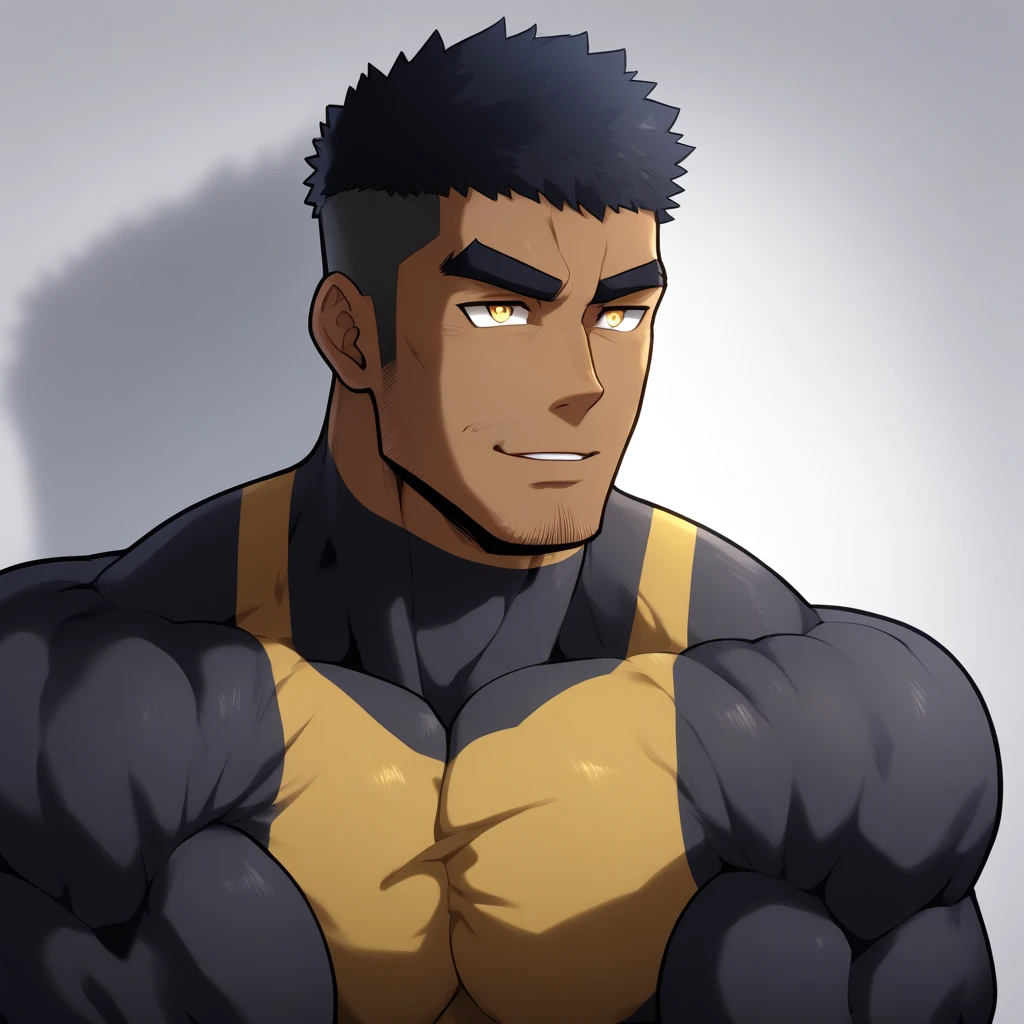 , negroro, aniaracters:Gyee, Muscle Sports Student, negro black skiry Black,1 muscular tough guy, Manliness, male focus, Dark grey and Yellow long sleeve tights, Very tight, The pectoral muscles are oversized, Slightly transparent, muscular male, muscular, only, Upper body, alone, Black short hair, Thick eyebrows, stubble, Yellow eyes, White background, simple background, amazing quality, best aesthetics, Ridiculous, bright pupils, crew cut, parted lips, seductive smile, torogao, naughty face, drop shadow, best quality