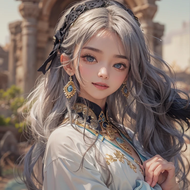 Hiding in the desert、Hair flow、 ((Highest quality、masterpiece、8k、Best image quality、Ultra-high resolution、Award-winning works)、(Accurate anatomy:1.1)、(Look at me and smile:1.1)、Shining fair skin with Ultra-high resolution、The most detailed face、Ultra-high resolution detailed face、Ultra-high resolution hair、(Ultra-high resolutionのeyes :1.1)、Beautiful face drawn in every detail、(Blurred Background:1.1)、Ancient Islamic clothing, Chest to chest, tattoo, Old ruins in the background、Black leopard