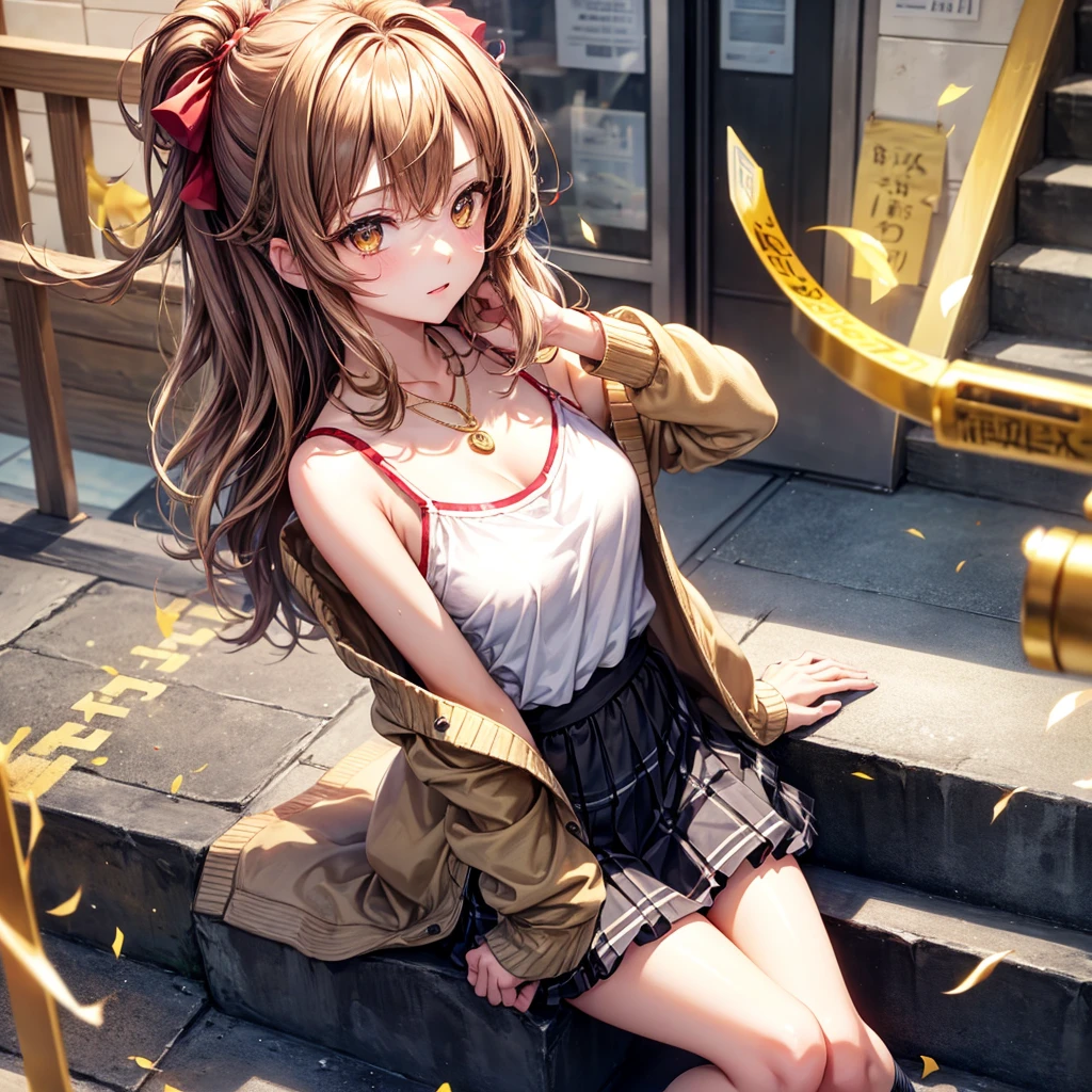 Red, brown, gold, gold hair、Golden Eyes、Hair tied up、One good looking girl、solo、anime、Checkered mini skirt、Ruffles on the skirt、camisole、camisole、Lightweight cardigan、Black knee-high socks、Wearing a baseball cap、Wearing a ribbon、Ribbon on waist、Teeth are visible、Sunset sky、Cumulonimbus、Silver coin necklace、shine、From above、Sparks are flying、tunnel、Cobblestones、Sitting on the stairs