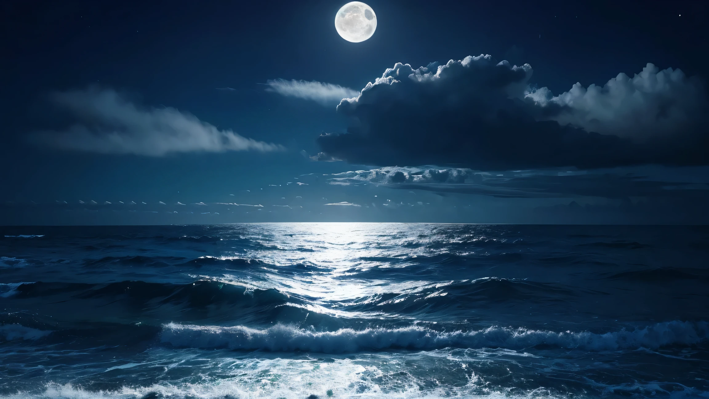 A more complete and super clear picture of the beautiful ocean，the sky is dark clouds、the moon is bright，With effect animation