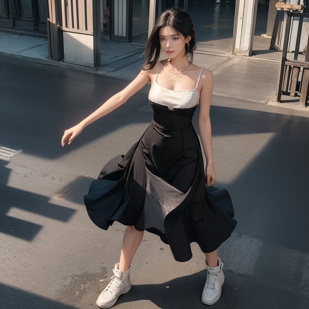 (a photo of the night sky), (a photo of a nighttime landscape), (black dress), (a girl pretty girl with perfect figure), (Short flared dress), (cotton spaghetti-strap top), (strapless dress), (short black summer wedding dress), (32K,1 20-year-old girl, The light from the rear window is backlit, Ray traching), (full body), (white sneakers), (a pair of white leather boots, highly detailed boots), (hair black), (two-parted hair :1.3), (very thick hair), (hands close to the body), (Slender chest), (visible shoe sole :1,5), (short upper chest :1.5), (pectoral muscles are large :1.5), (upper breasts are firm and round :1.5), (stand upright), (two shoe ends), (two shoe toes) ,(put on blush), (apply powder), (makeup), (standing), (asian girl princess), (thick thighs), (large calves), (Black non-reflective fabric for making dresses), (dark colthing), (large knees), one-piece dress, seamless dress)