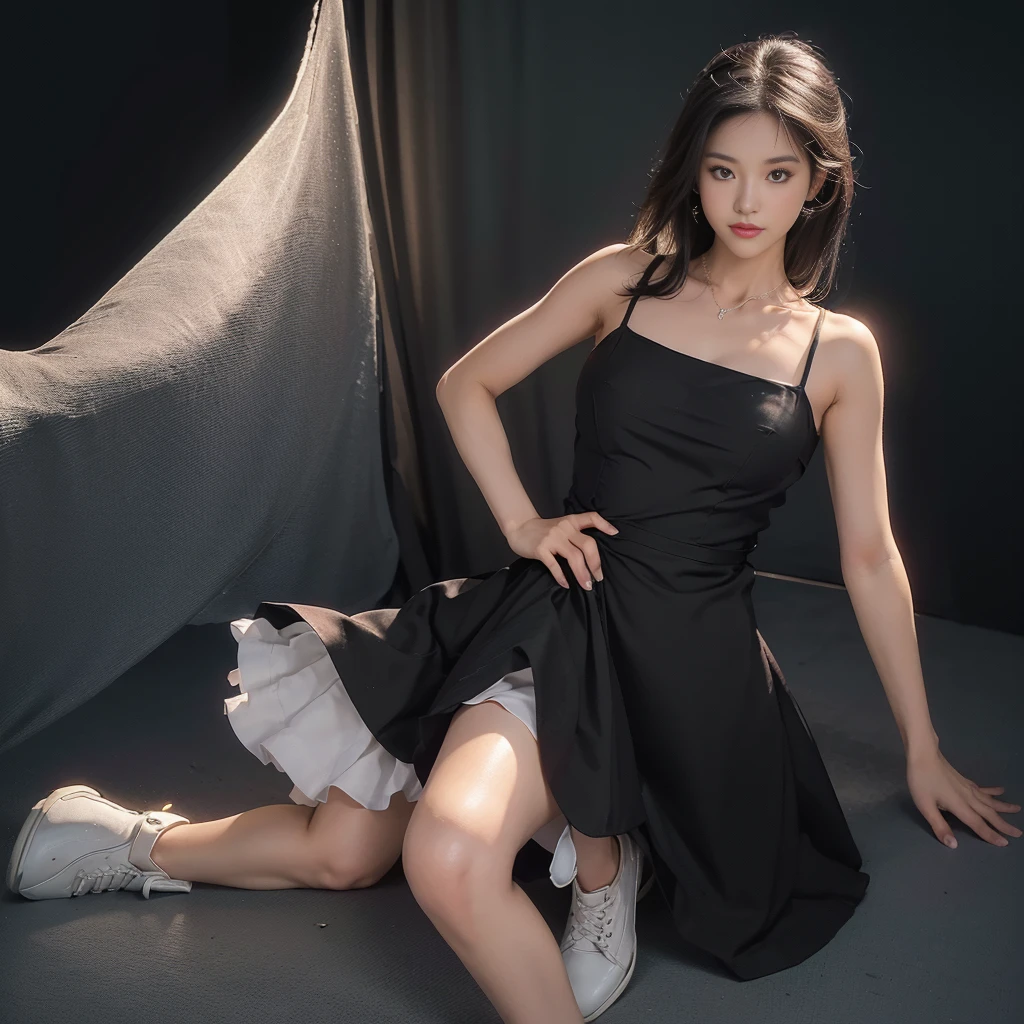 (a photo of the night sky), (a photo of a nighttime landscape), (black dress), (a girl pretty girl with perfect figure), (Short flared dress), (cotton spaghetti-strap top), (strapless dress), (short black summer wedding dress), (32K,1 20-year-old girl, The light from the rear window is backlit, Ray traching), (full body), (white sneakers), (a pair of white leather boots, highly detailed boots), (hair black), (two-parted hair :1.3), (very thick hair), (hands close to the body), (Slender chest), (visible shoe sole :1,5), (short upper chest :1.5), (pectoral muscles are large :1.5), (upper breasts are firm and round :1.5), (stand upright), (two shoe ends), (two shoe toes) ,(put on blush), (apply powder), (makeup), (standing), (asian girl princess), (thick thighs), (large calves), (Black non-reflective fabric for making dresses), (dark colthing), (large knees), one-piece dress, seamless dress)
