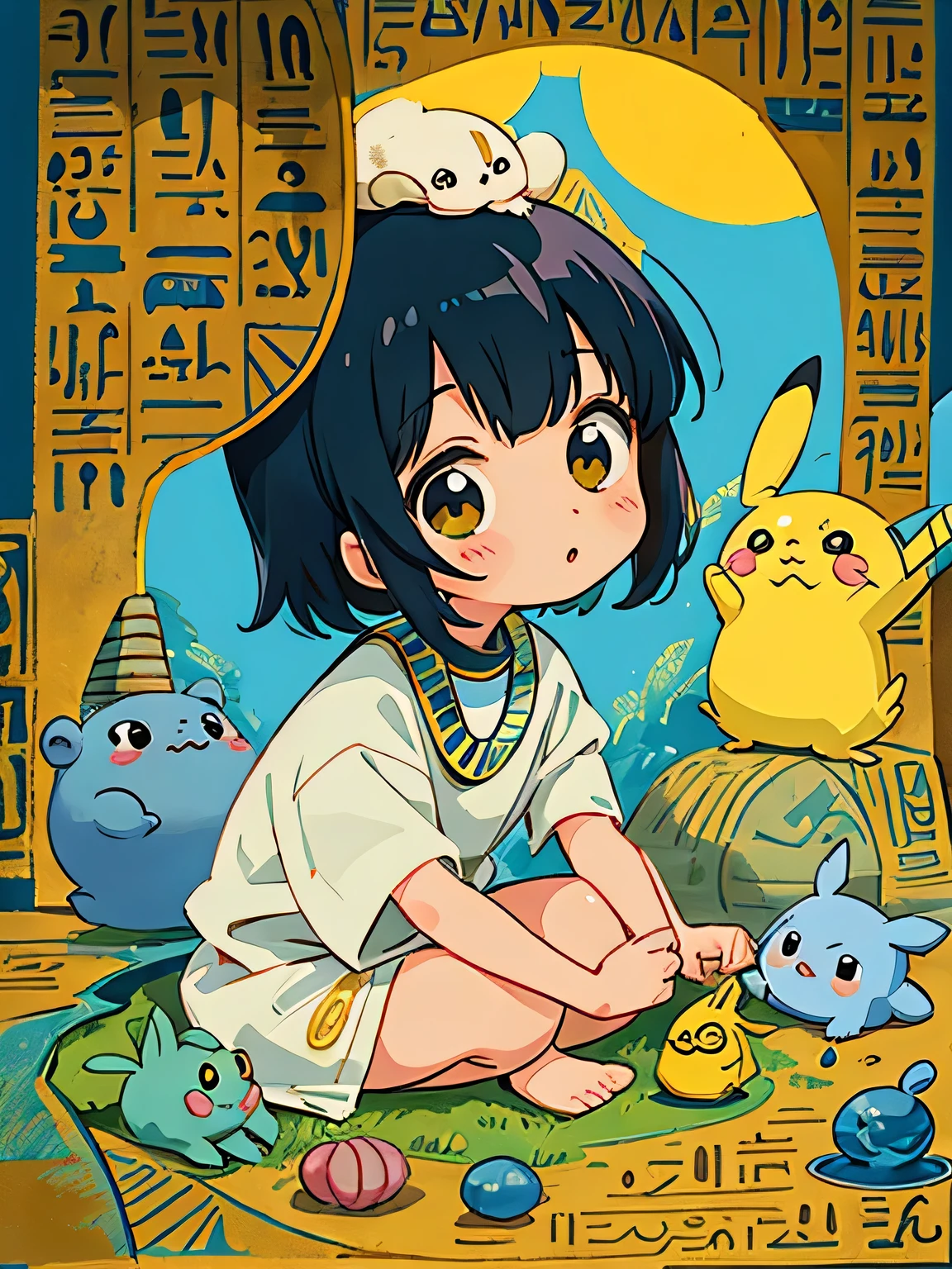 Hayao Miyazaki style、Kawaii Design, most beautiful girl ever、Chibi, (((expedition)))、(((Ancient Egypt))), Pikachu, Totoro, Lunar Surface, Colorful and cute pillbugs, Makkurokurosuke