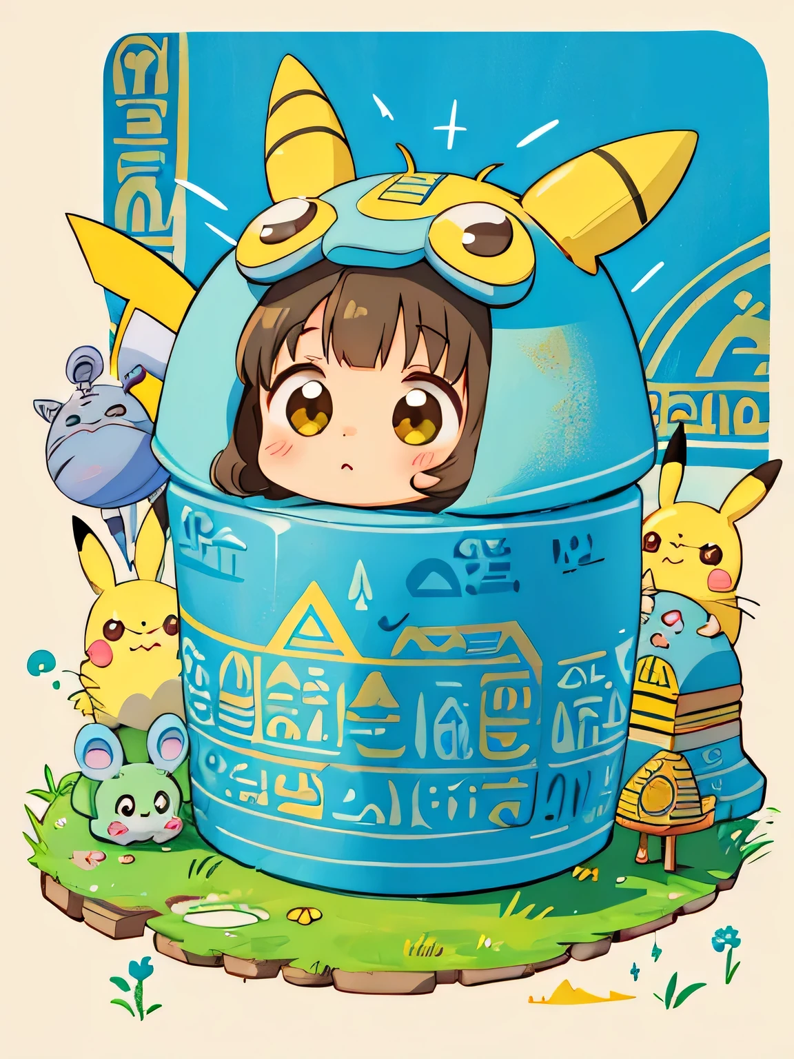Hayao Miyazaki style、Kawaii Design, most beautiful girl ever、Chibi, (((expedition)))、(((Ancient Egypt))), Pikachu, Totoro, Lunar Surface, Colorful and cute pillbugs, Makkurokurosuke
