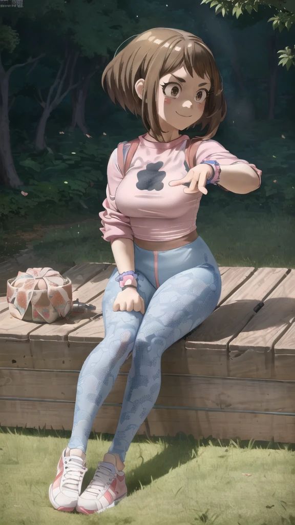 [ochako uraraka], [Boku no hero academia], ((masterpiece)), ((HD)), ((high quality)), ((solo portrait)), ((front view)), ((full body)), ((anime)), ((Kohei Horikoshi)), ((detailed shading)), ((cel shading)), ((intricate details)), ((cinematic lighting)), {ochako, (rosy cheeks), (cute round brown eyes), short brown hair, short eyelashes, large , (gorgeous hips), (beautiful legs), (excited smile), white teeth)}, {(pink tee shirt), (blue spandex yoga pants), (pink sneakers)}, {(sitting on picnic blanket), (looking at viewer)}, [Background; (grass), (blue sky), (sun rays)]