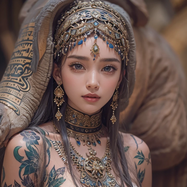 Hiding in the desert、Hair flow、 ((Highest quality、masterpiece、8k、Best image quality、Ultra-high resolution、Award-winning works)、(Accurate anatomy:1.1)、(Look at me and smile:1.1)、Shining fair skin with Ultra-high resolution、The most detailed face、Ultra-high resolution detailed face、Ultra-high resolution hair、(Ultra-high resolutionのeyes :1.1)、Beautiful face drawn in every detail、(Blurred Background:1.1)、Ancient Islamic clothing, Chest to chest, tattoo, Old ruins in the background、Decorated elephant