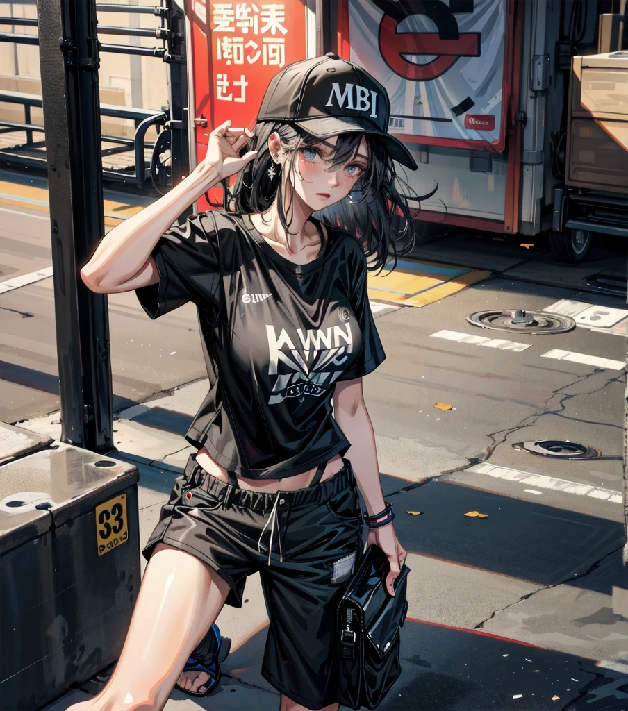 whole body, beautiful girl, big tits, medium hair, black hair, tearful mole, earring, baseball cap, black T-shirt, cargo shorts,
