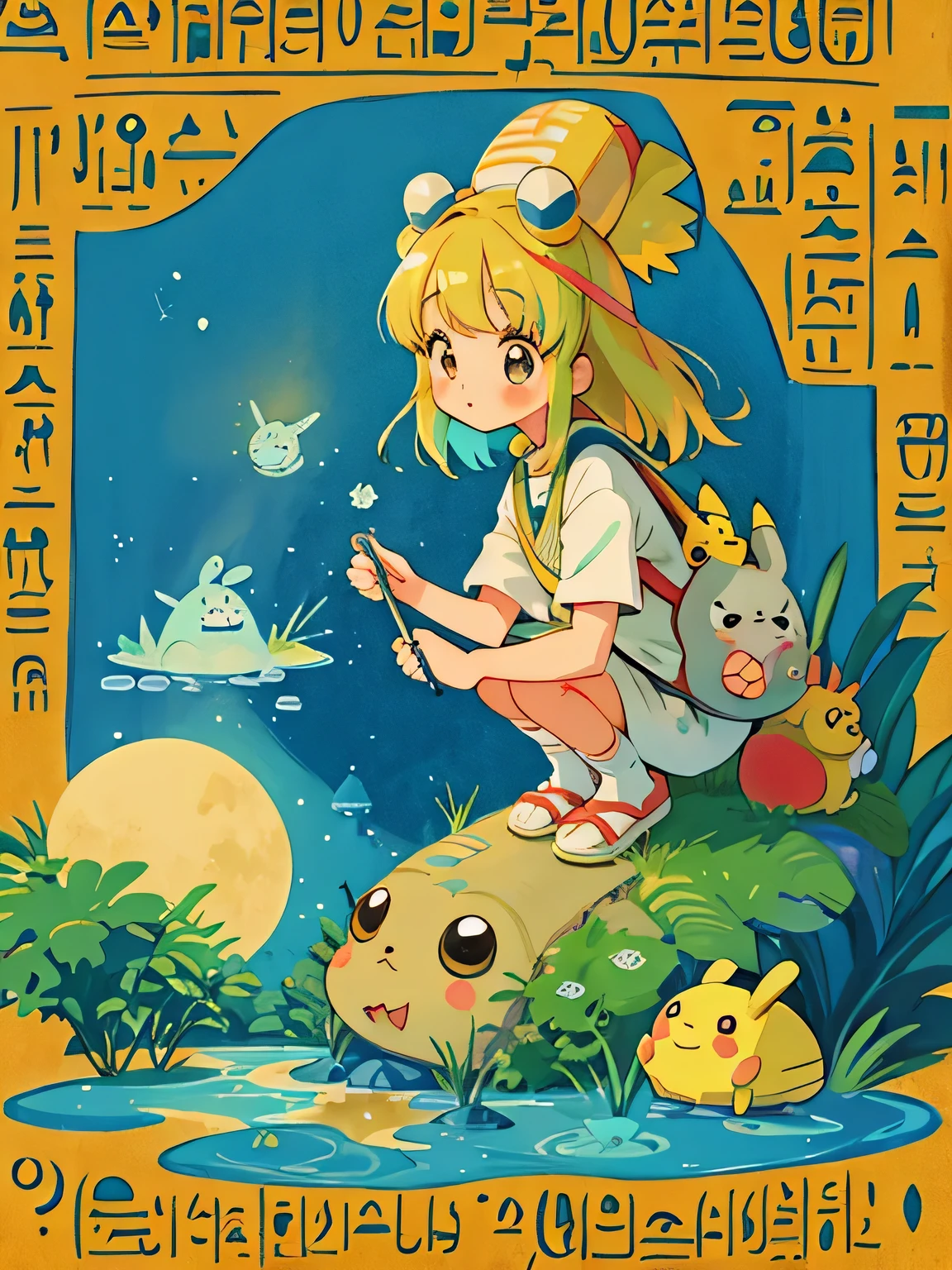 Hayao Miyazaki style、Kawaii Design, most beautiful girl ever、Chibi, (((expedition)))、(((Ancient Egypt))), Pikachu, Totoro, Lunar Surface, Colorful and cute pillbugs, Makkurokurosuke