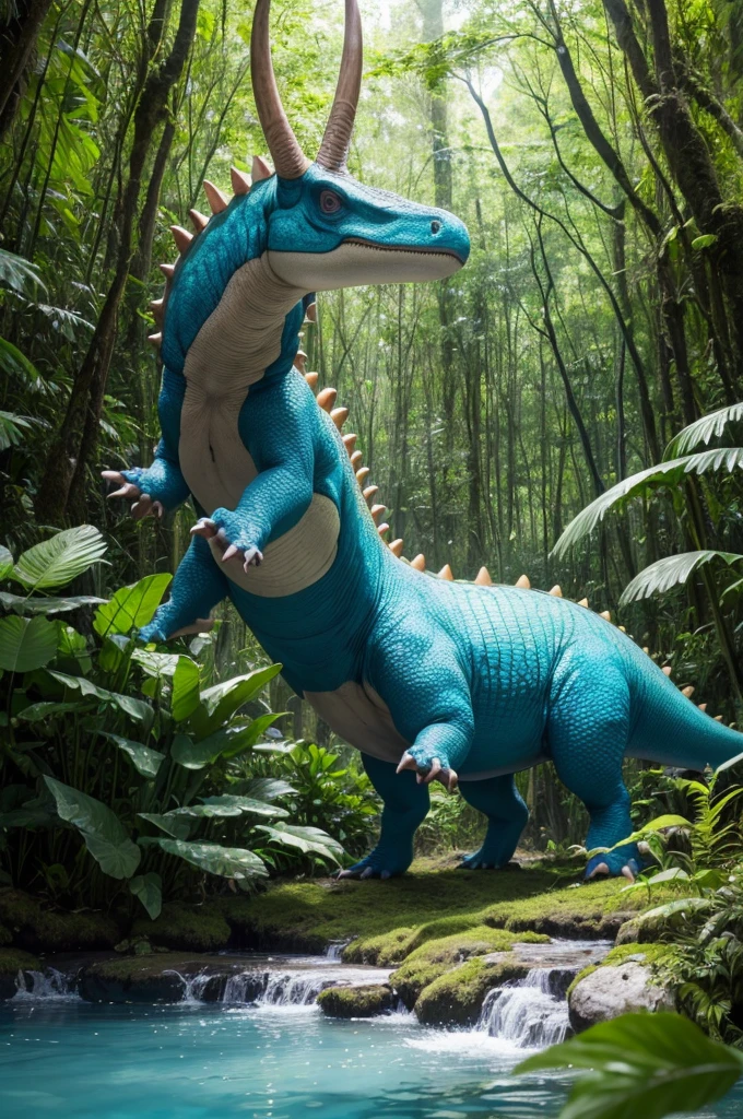 Realista, full HD. Tiranossauro rex marrom completo na floresta sendo atacado por um triceratops verde com um ptrrossauro rosa no fundo voando no ceu azul.
A floresta tem muitas plantas e um rio de agua azul.