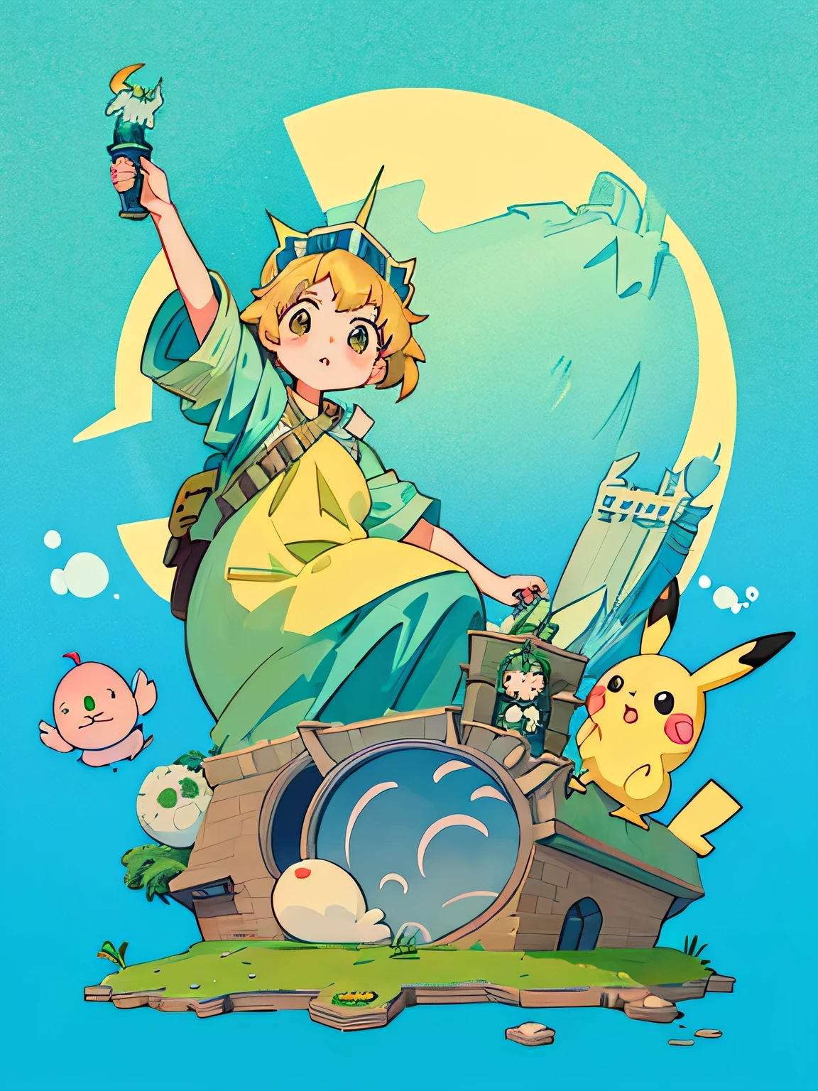Hayao Miyazaki style、Kawaii Design, most beautiful girl ever、Chibi, (((expedition)))、(((statue of liberty))), Pikachu, Totoro, Lunar Surface, Colorful and cute pillbugs, Makkurokurosuke