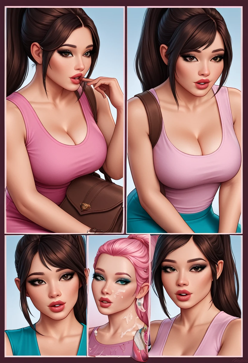 1. Beautiful Women, Big body, Asian Girl, ponytail, Contoured eyelids, Makeup eyelids, Sleeveless shirt, Pink Shirt, Cleavage, skirt, turquoise skirt, High heels, Cream colored shoes, Brown bag, Sit on the bus and sleep, Open your mouth, close your eyes、Love Jure
