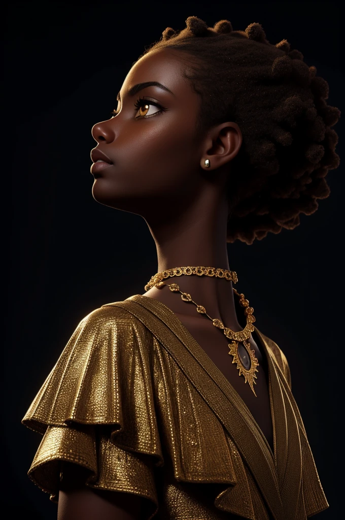 masterpiece, best quality, ultra high res, 1 dark skinned African girl, (fractal art:1.3), deep shadow, dark theme, fully clothed, necklace, forlorn, profile、Upper Body、