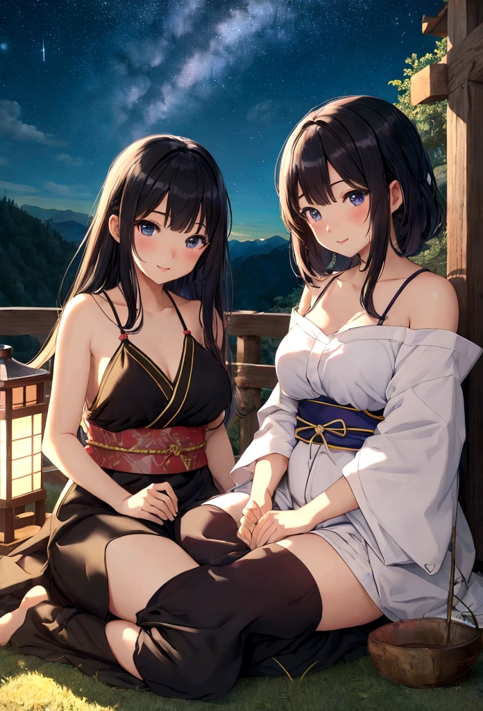 4K,cute、Japanese women、Age 25、camisole、valley、Baby Face、Big eyearugao、Beautiful night view、Night Sky、Moonlit Night、On top of the mountain、Sit on the grass、Holding the legs、Shooting from a distance
