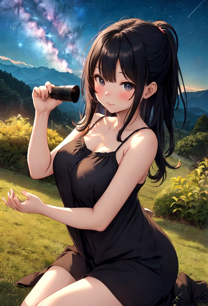 4K,cute、Japanese women、Age 25、camisole、valley、Baby Face、Big eyearugao、Beautiful night view、Night Sky、Moonlit Night、On top of the mountain、Sit on the grass、Holding the legs、Shooting from a distance