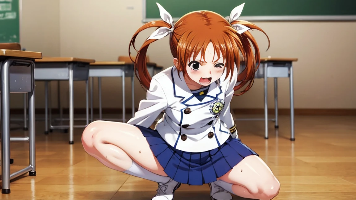 Highest quality,Highest quality,One girl,,Mouth closed,orgasm,blush, Sweat,Nanoha Takamachi,Takamati Nanoha,Twin tails,Hair Ribbon,((One Piece Uniform:1.3)),classroom、White panties、Squat、Look at this、skirt