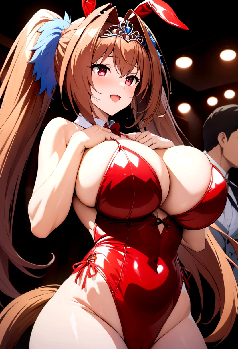 Daiwa Scarlet \(umamusume\), ((Abdominal muscles)), ((Muscular body)),Brown Hair, Hair intake, Red eyes, length, Smooth Pigtails, (Red Micro Bikini), Horse tail, (非常にdetailedな), Large Breasts、Super big breasts、Beautiful breasts、(unity 16k wallpaper, masterpiece, Highest quality, Ultra-detailed, Extremely detailed CG, Caustics, Cinema Lighting, detailed, Beautiful detailed Eyes, alone), Ultra-high resolution, Fine skin、sexy,curve,Huge breasts、Playboy Bunny, casino,Portraiture, Hold your arms over your chest,ivory hair,Straight hair,Cowboy Shot,Yellow Eyes,squat, masterpiece,Highest quality, fine grain, Official Art, smile, casino, Open your mouth, frontage
