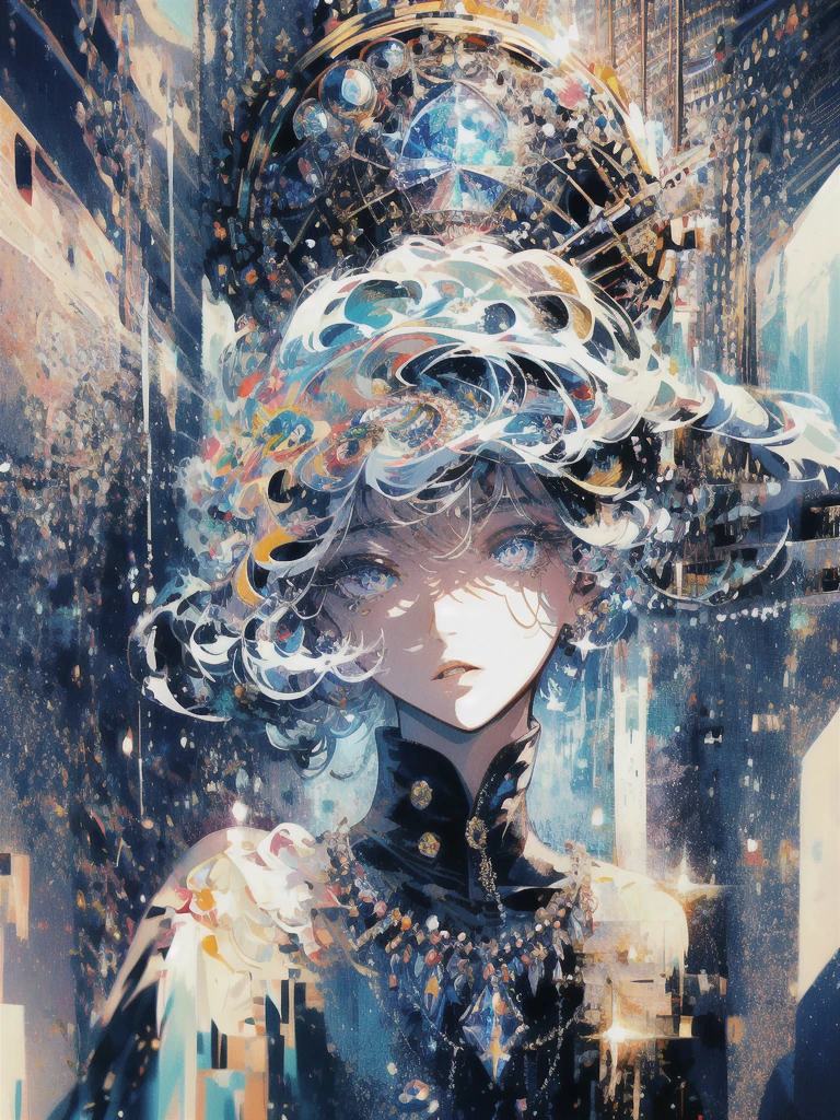 ((masterpiece, highest quality, Super detailed, High resolution)), alone, beautiful girl, shining eyes, perfect eyes, , black white gold theme,