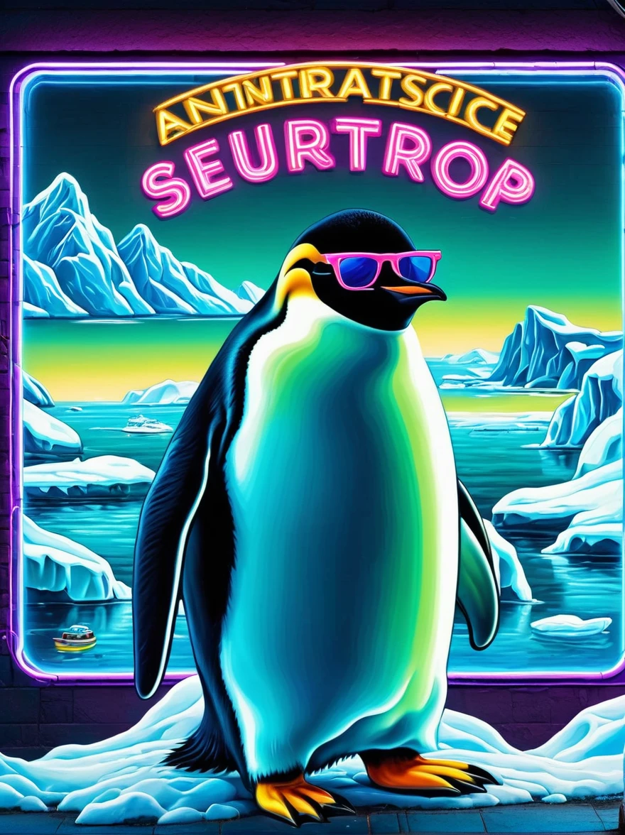 Neon,Shop sign,Antarctic Scene,iceberg,Sea,Cool emperor penguin wearing sunglasses,发光的NeonShop sign,Ultra high saturation,Bright colors,High height